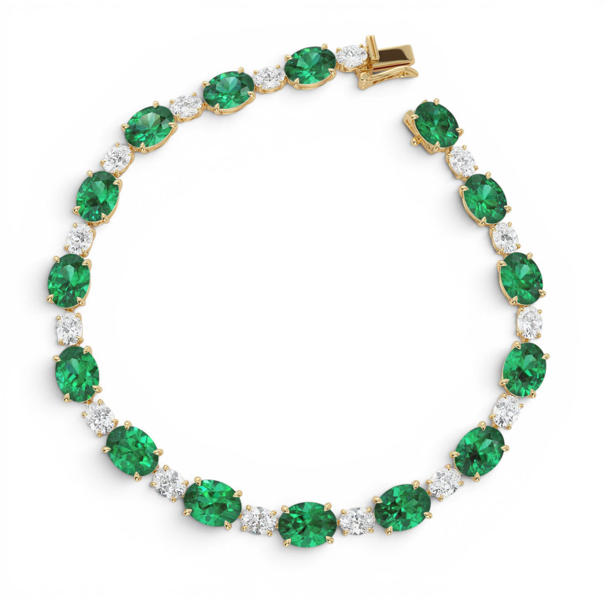 15.75 CTW Lab-Grown Colombian Oval Emerald and Oval Diamond Bracelet in 14K Gold — view 2