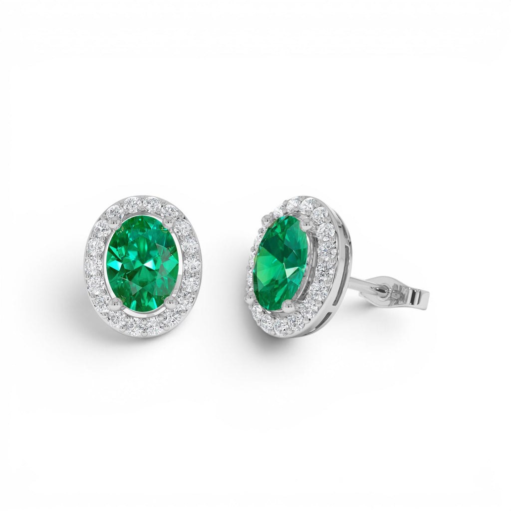 1.86 CTW Lab-Grown Emerald and Diamond Oval Halo Stud Earrings in 14K Gold — view 3