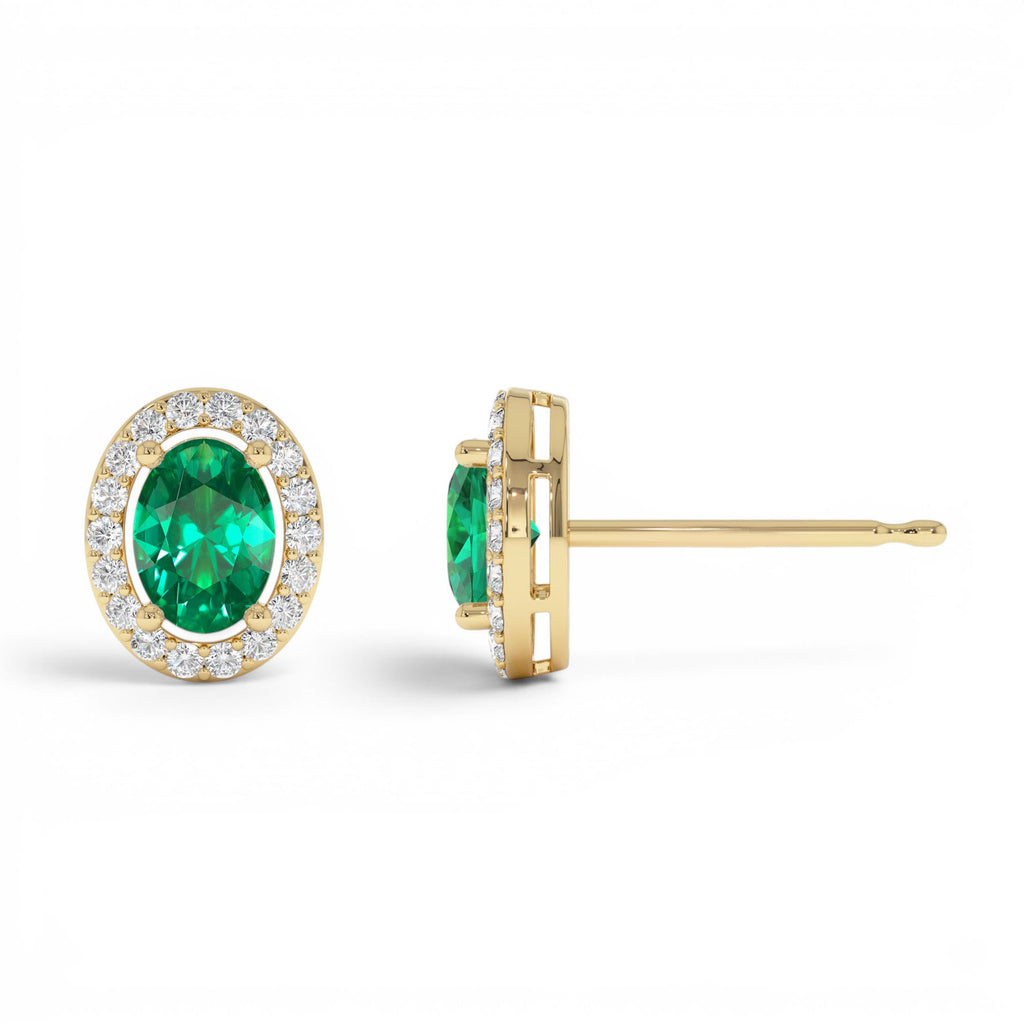 1.86 CTW Lab-Grown Emerald and Diamond Oval Halo Stud Earrings in 14K Gold — view 2