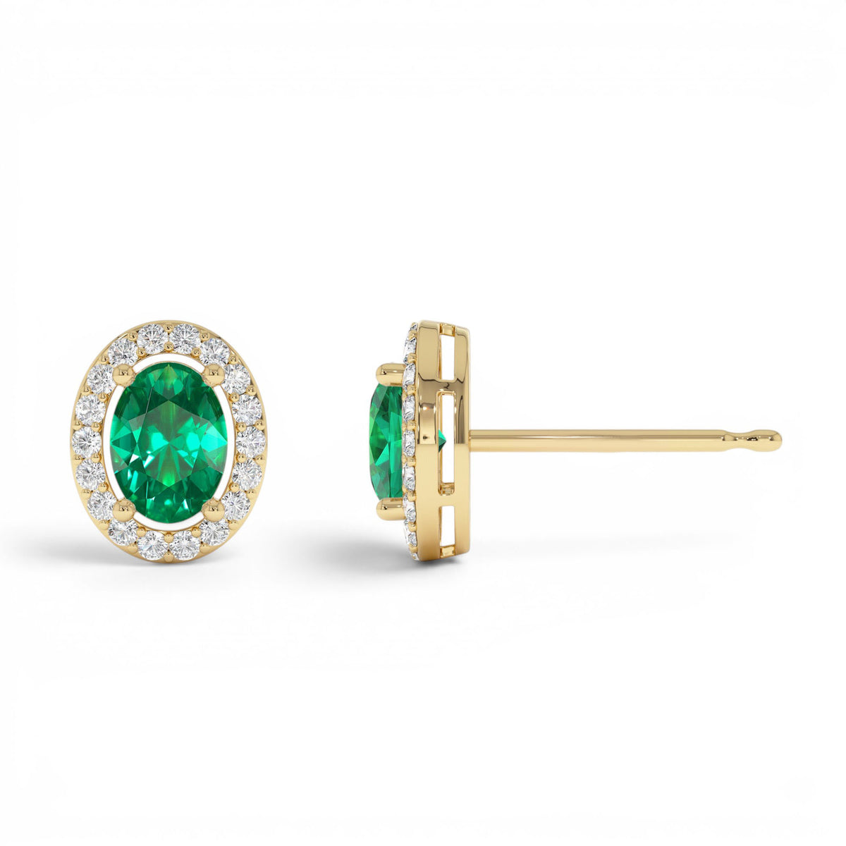 1.86 CTW Lab-Grown Emerald and Diamond Oval Halo Stud Earrings in 14K Gold — view 2