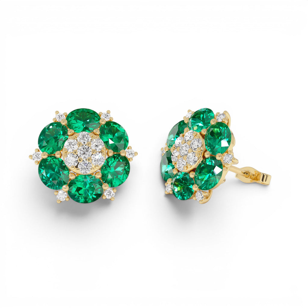 4.70 CTW Lab-Grown Emerald and Diamond Cluster Stud Earrings in 14K Gold — view 1