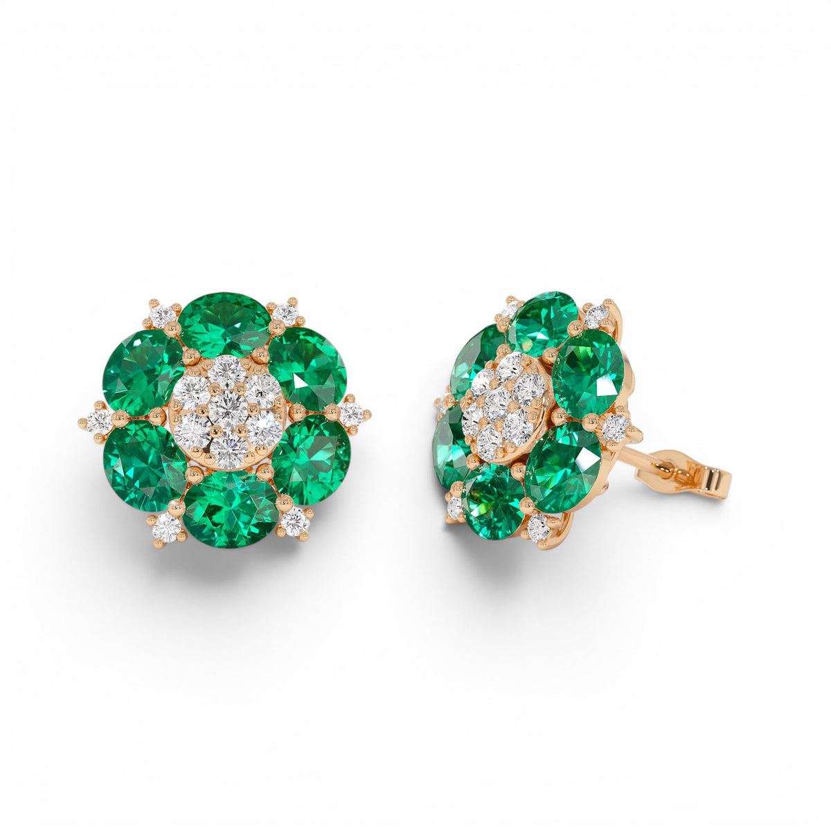4.70 CTW Lab-Grown Emerald and Diamond Cluster Stud Earrings in 14K Gold — view 4