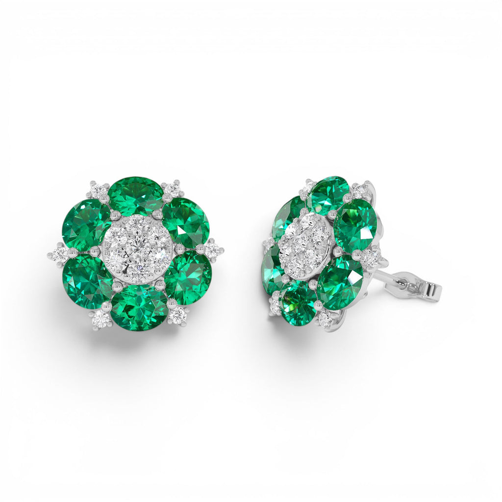 4.70 CTW Lab-Grown Emerald and Diamond Cluster Stud Earrings in 14K Gold — view 3