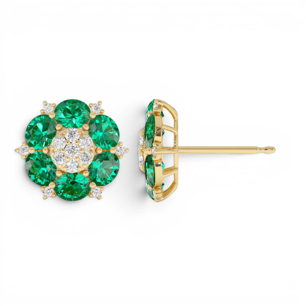 4.70 CTW Lab-Grown Emerald and Diamond Cluster Stud Earrings in 14K Gold — view 2