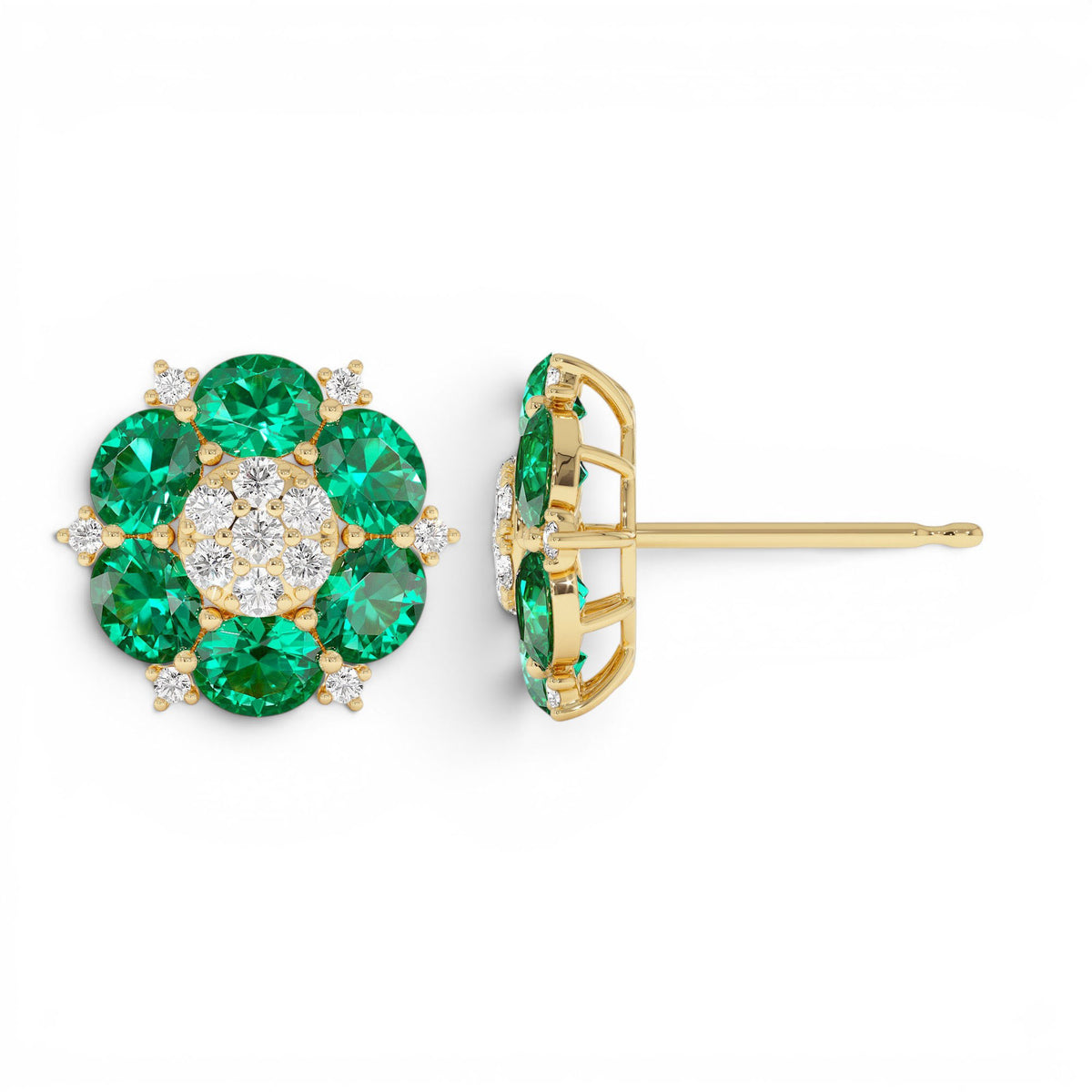 4.70 CTW Lab-Grown Emerald and Diamond Cluster Stud Earrings in 14K Gold — view 2