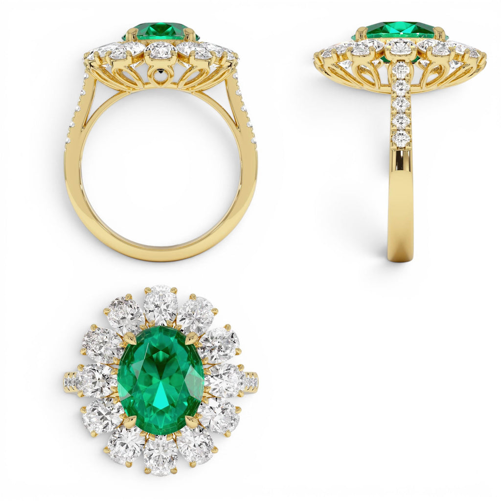 5.30 CTW Lab-Grown Colombian Emerald and Oval Diamond Halo Statement Ring in 14K Gold — view 3