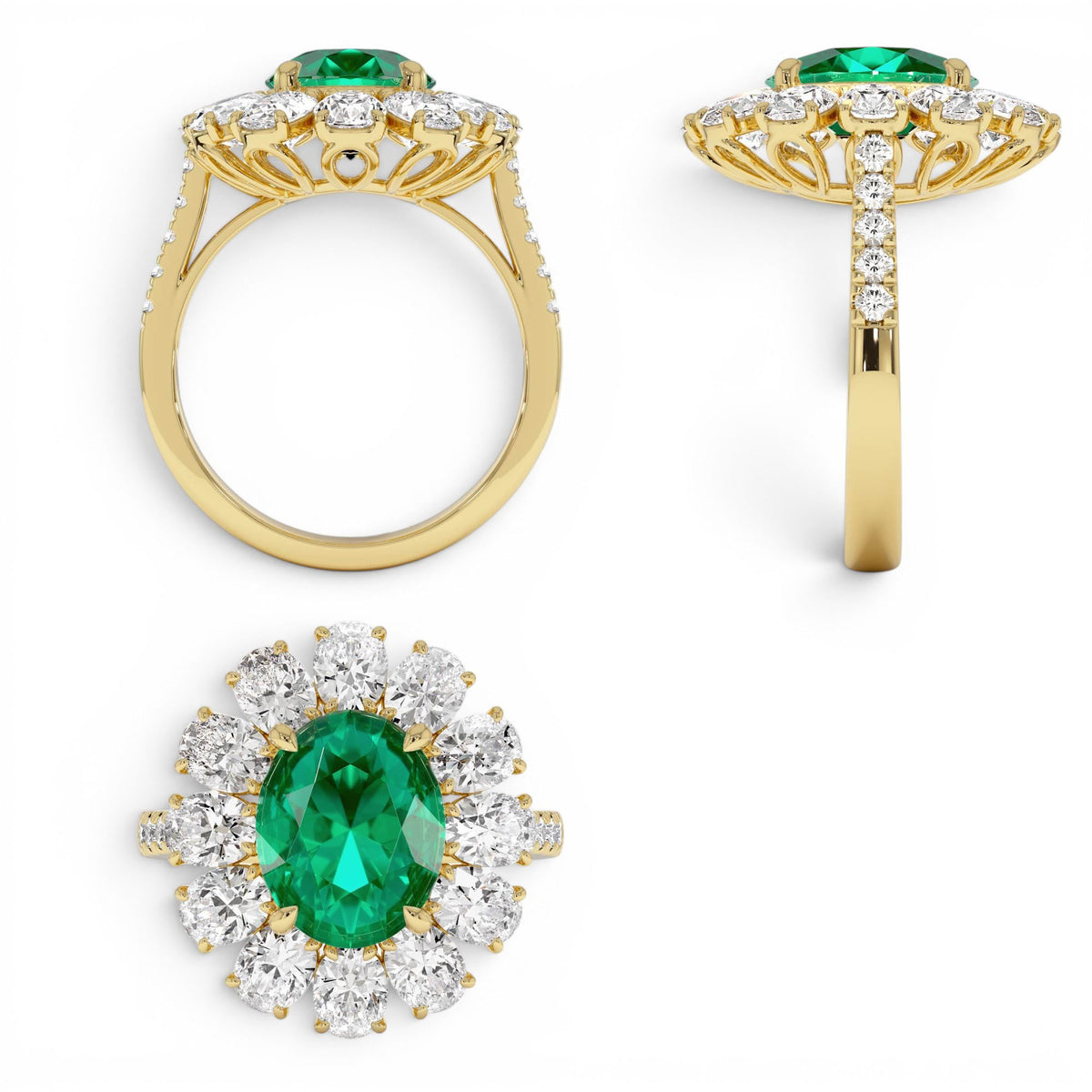 5.30 CTW Lab-Grown Colombian Emerald and Oval Diamond Halo Statement Ring in 14K Gold — view 3