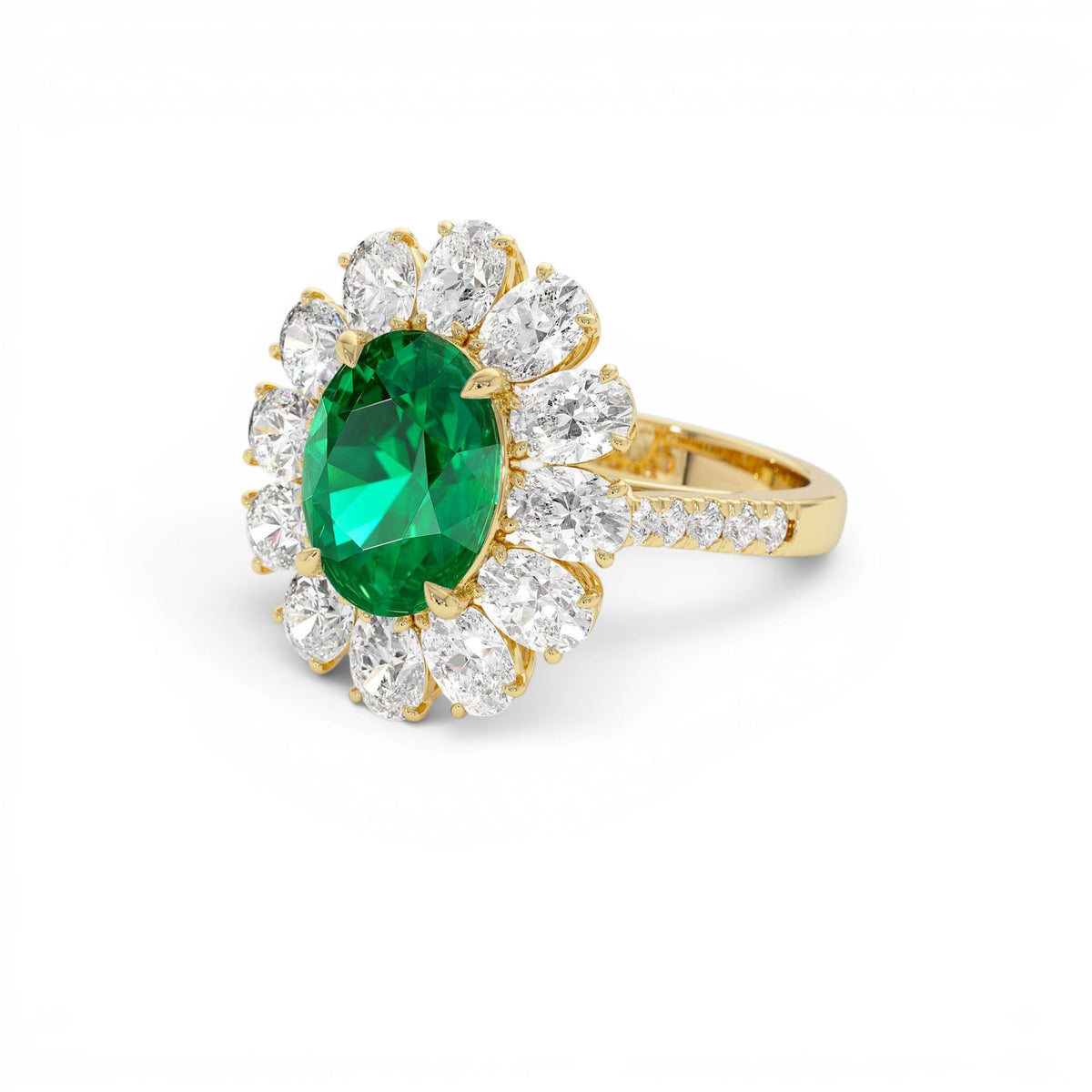 5.30 CTW Lab-Grown Colombian Emerald and Oval Diamond Halo Statement Ring in 14K Gold — view 2