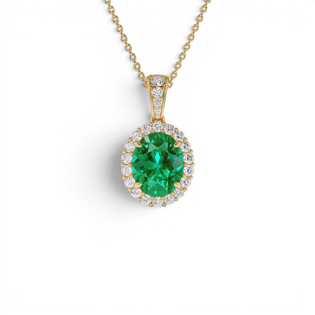 3.60 CTW Lab-Grown Colombian Emerald and Diamond Halo Pendant Necklace in 14K Gold — view 1
