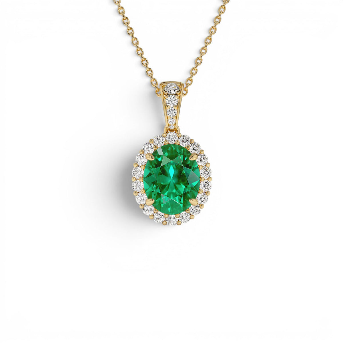 3.60 CTW Lab-Grown Colombian Emerald and Diamond Halo Pendant Necklace in 14K Gold — view 1