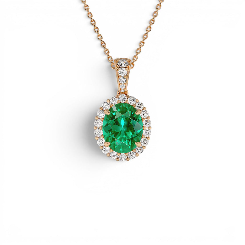 3.60 CTW Lab-Grown Colombian Emerald and Diamond Halo Pendant Necklace in 14K Gold — view 4