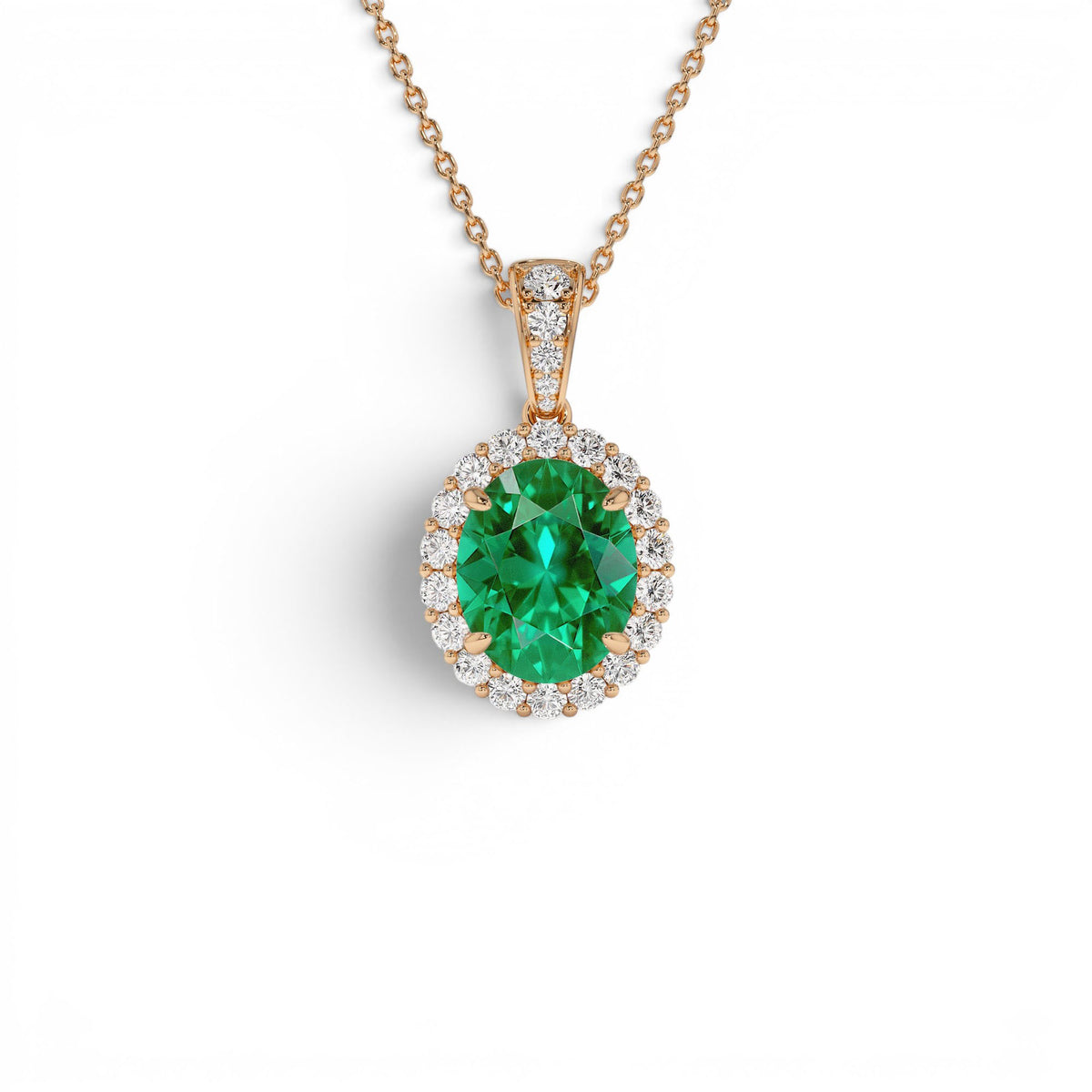 3.60 CTW Lab-Grown Colombian Emerald and Diamond Halo Pendant Necklace in 14K Gold — view 4