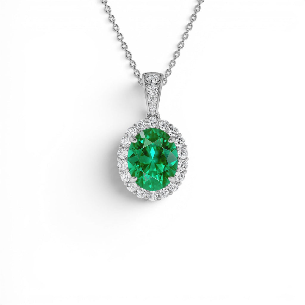 3.60 CTW Lab-Grown Colombian Emerald and Diamond Halo Pendant Necklace in 14K Gold — view 3
