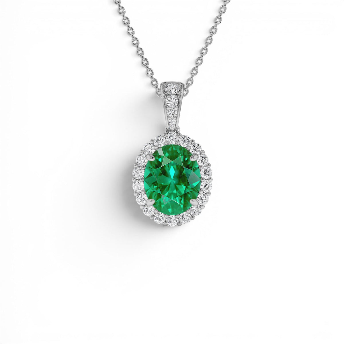 3.60 CTW Lab-Grown Colombian Emerald and Diamond Halo Pendant Necklace in 14K Gold — view 3