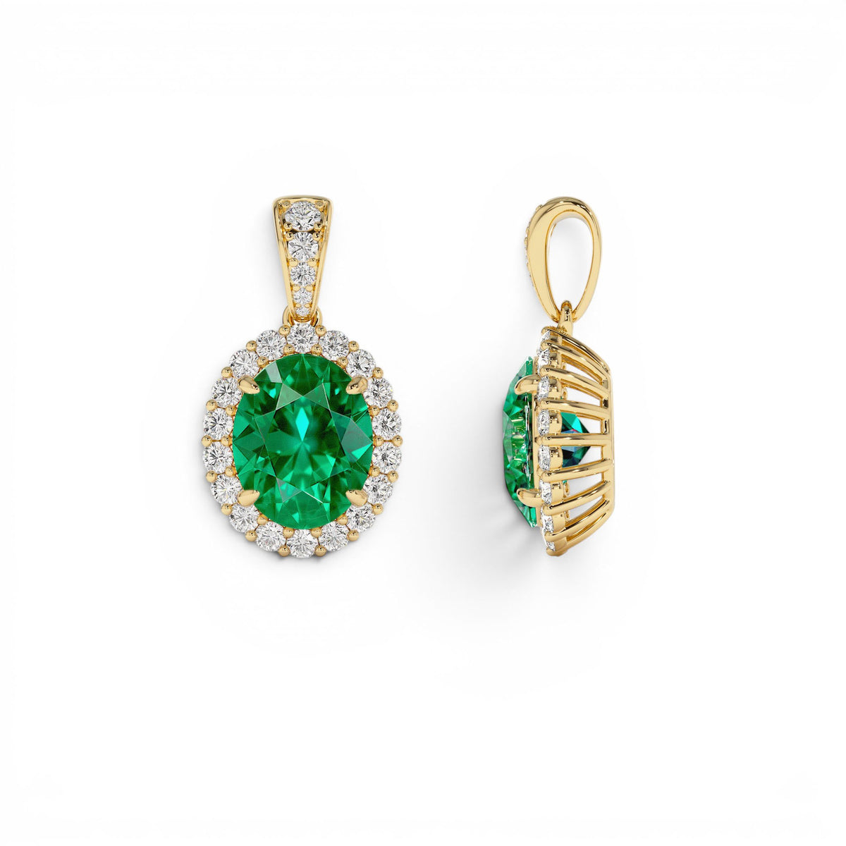 3.60 CTW Lab-Grown Colombian Emerald and Diamond Halo Pendant Necklace in 14K Gold — view 2