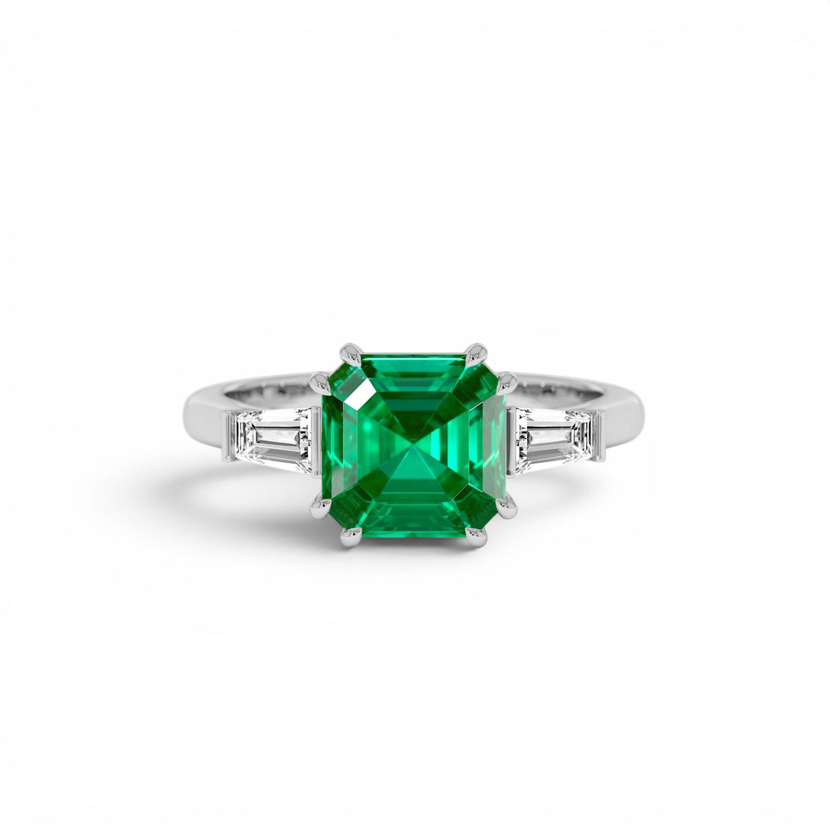 2.35 CTW Asscher Cut Lab-Grown Colombian Emerald and Baguette Diamond Ring in 14K Gold — view 3
