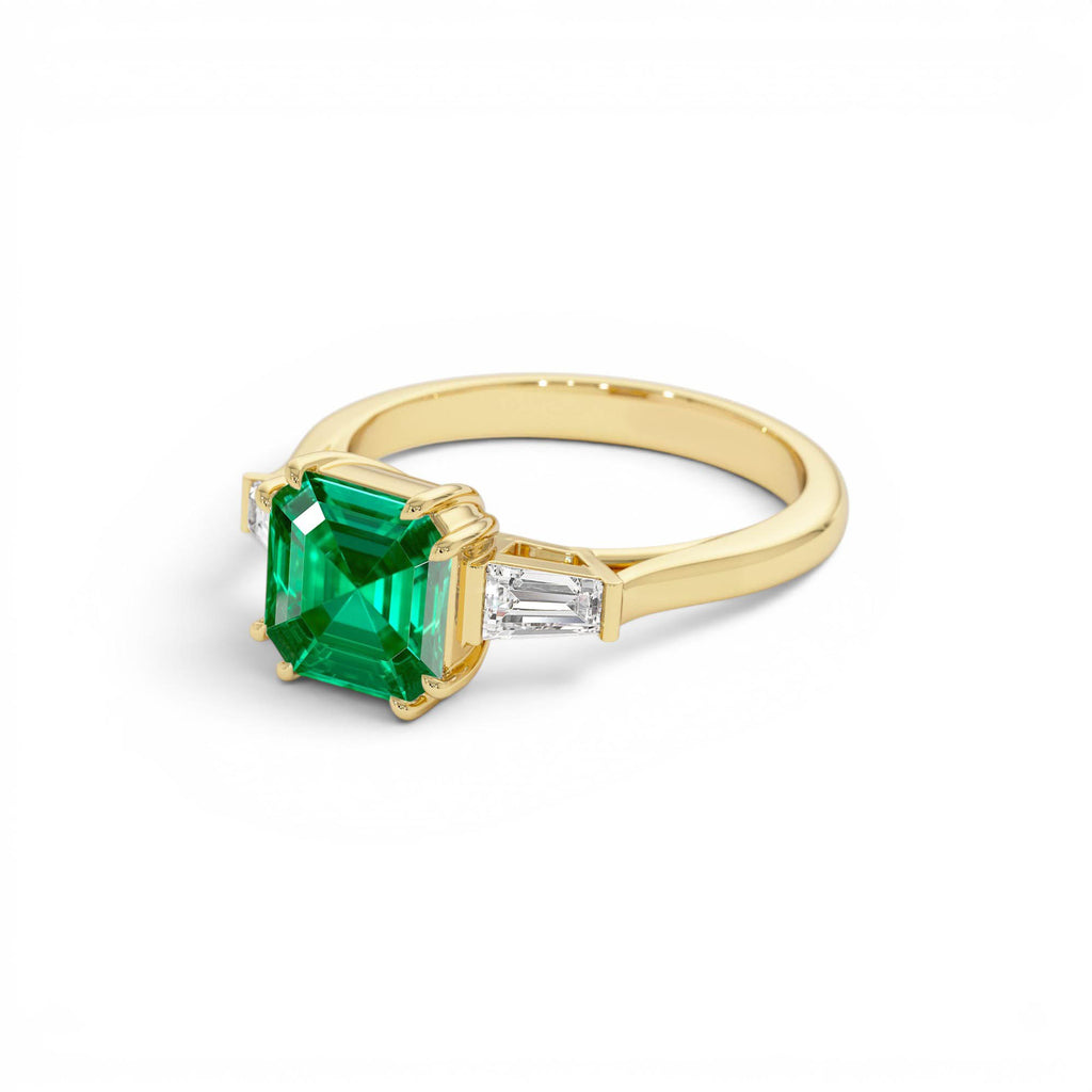 2.35 CTW Asscher Cut Lab-Grown Colombian Emerald and Baguette Diamond Ring in 14K Gold — view 2