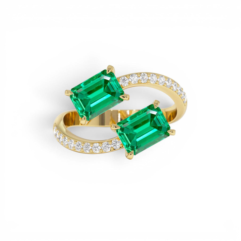 1.15 CTW Lab-Grown Emerald and Diamond Bypass Statement Ring in 14K Gold — view 1