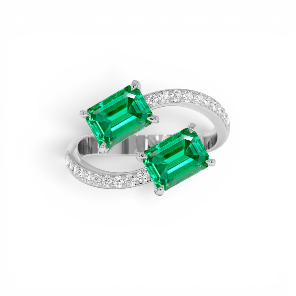 1.15 CTW Lab-Grown Emerald and Diamond Bypass Statement Ring in 14K Gold — view 3