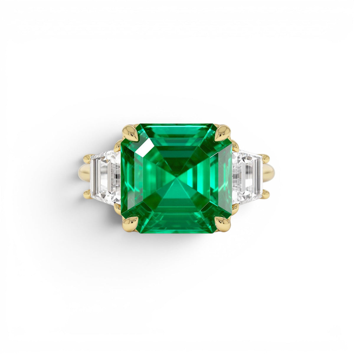 6.00 CTW Lab-Grown Colombian Emerald and Trapezoid Diamond Three Stone Engagement Ring — view 1