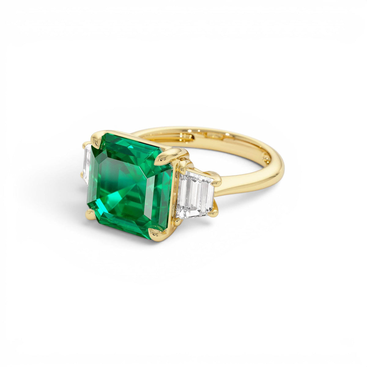 6.00 CTW Lab-Grown Colombian Emerald and Trapezoid Diamond Three Stone Engagement Ring — view 2