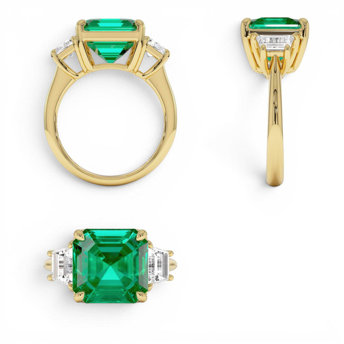 6.00 CTW Lab-Grown Colombian Emerald and Trapezoid Diamond Three Stone Engagement Ring — view 3