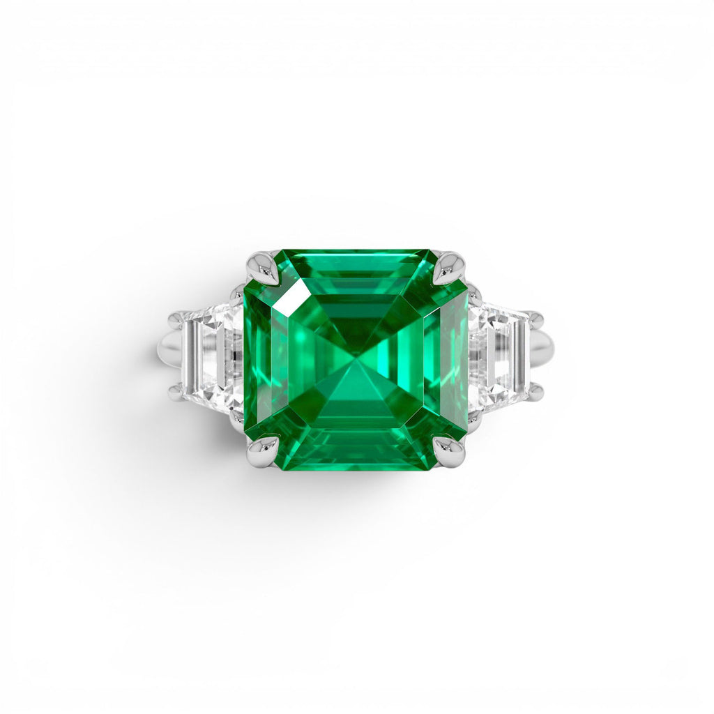 6.00 CTW Lab-Grown Colombian Emerald and Trapezoid Diamond Three Stone Engagement Ring — view 4
