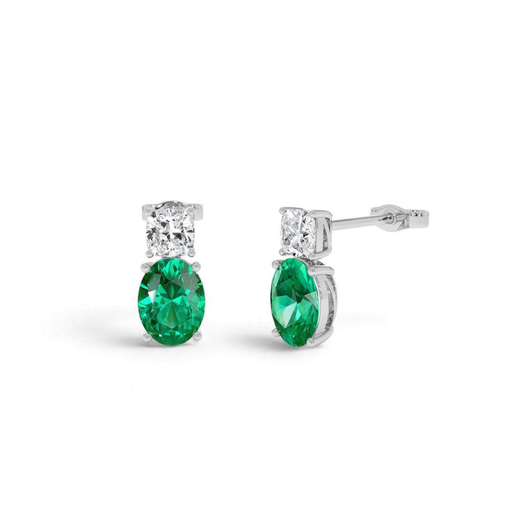 3.00 CTW Lab-Grown Colombian Emerald and Diamond Two-Stone Stud Earrings in 14K Gold — view 3
