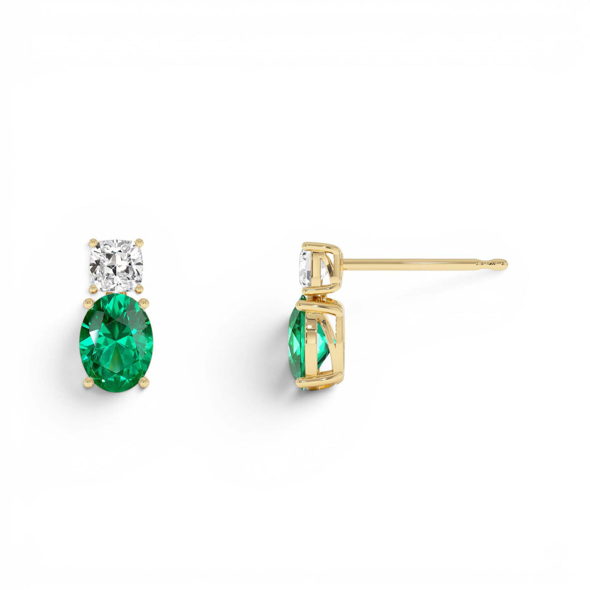 3.00 CTW Lab-Grown Colombian Emerald and Diamond Two-Stone Stud Earrings in 14K Gold — view 2