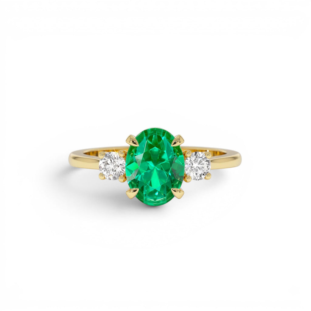 1.20 CTW Lab-Grown Colombian Emerald and Diamond Three Stone Ring in 14K Gold — view 1