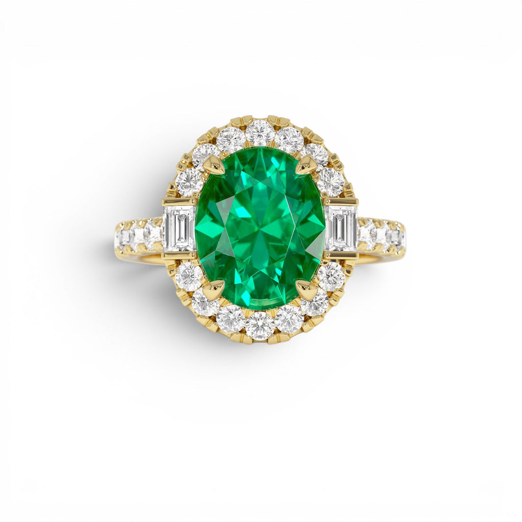 4.20 CTW Oval Shape Lab-Grown Colombian Emerald and Diamond Halo Engagement Ring in 14K Gold — view 1