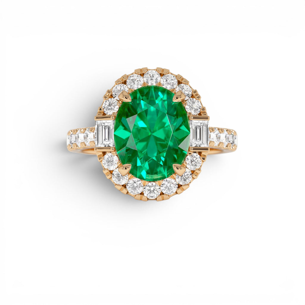 4.20 CTW Oval Shape Lab-Grown Colombian Emerald and Diamond Halo Engagement Ring in 14K Gold — view 5