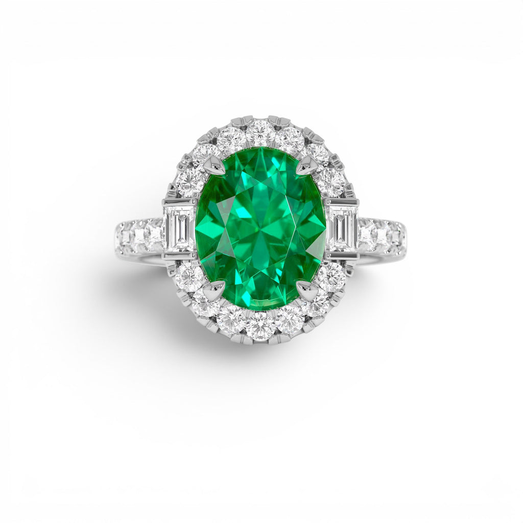 4.20 CTW Oval Shape Lab-Grown Colombian Emerald and Diamond Halo Engagement Ring in 14K Gold — view 4