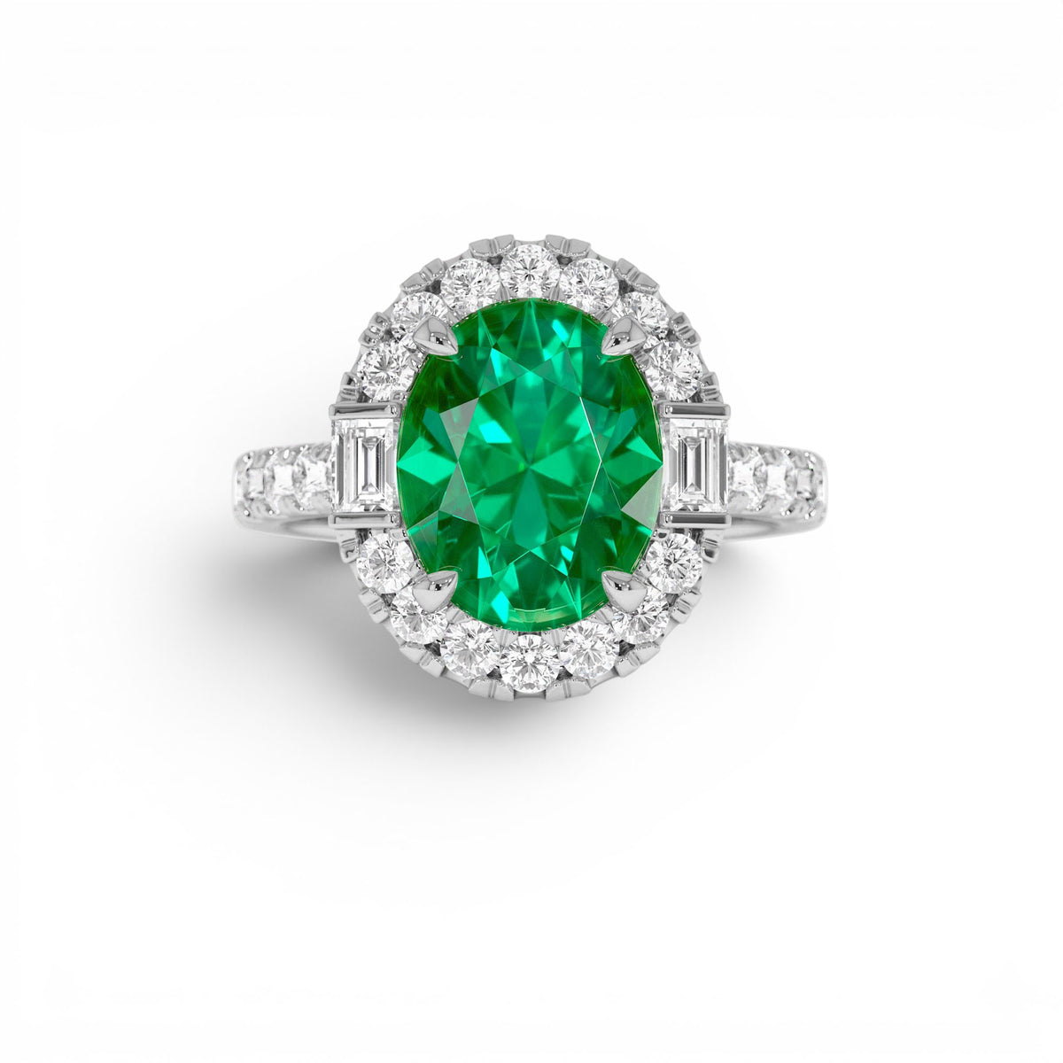 4.20 CTW Oval Shape Lab-Grown Colombian Emerald and Diamond Halo Engagement Ring in 14K Gold — view 4