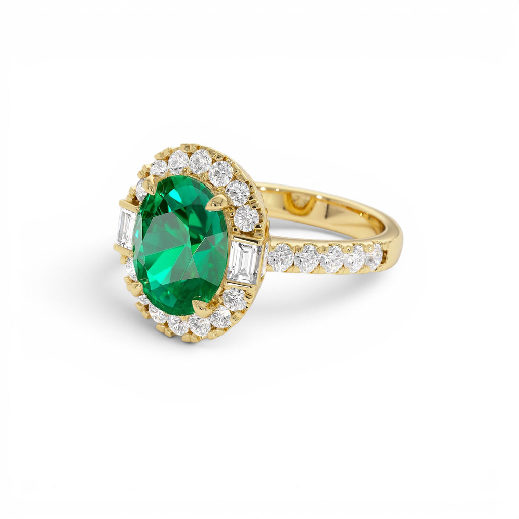 4.20 CTW Oval Shape Lab-Grown Colombian Emerald and Diamond Halo Engagement Ring in 14K Gold — view 2