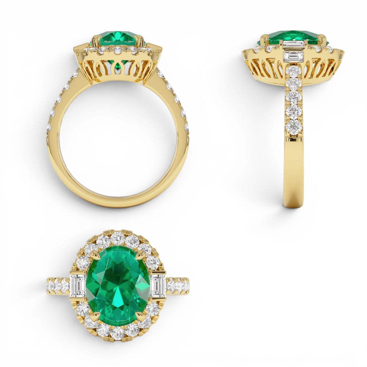 4.20 CTW Oval Shape Lab-Grown Colombian Emerald and Diamond Halo Engagement Ring in 14K Gold — view 3