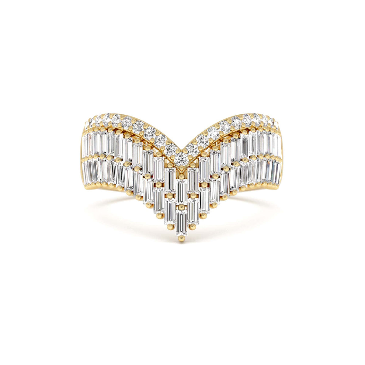 Baguette and Round Diamond Chevron Statement Ring in 14K Gold — view 1