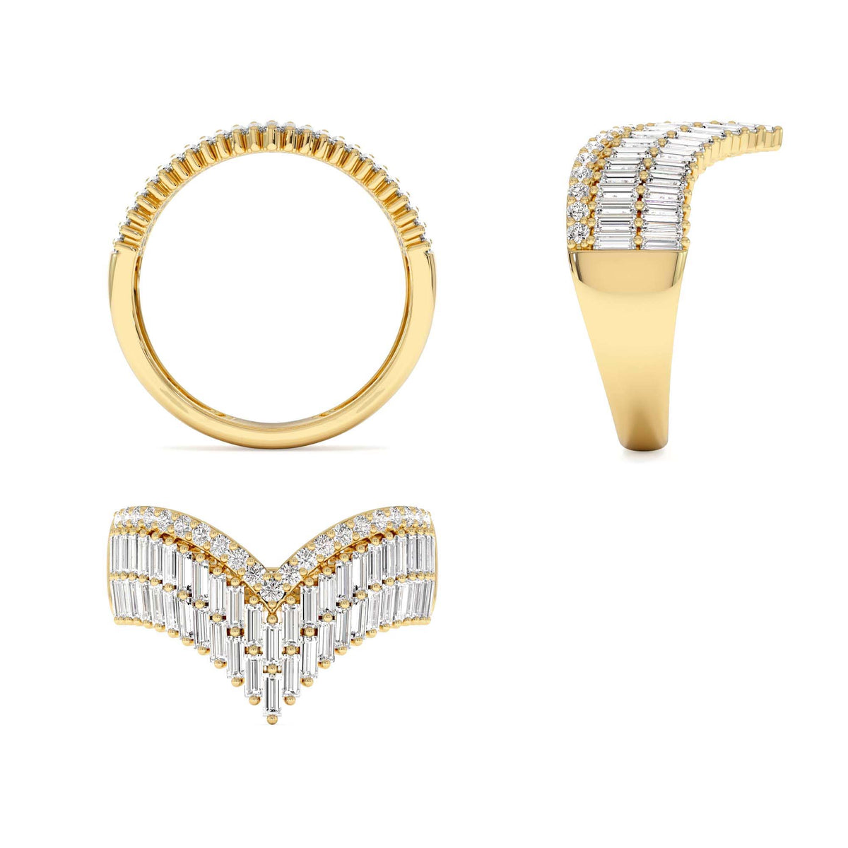 Baguette and Round Diamond Chevron Statement Ring in 14K Gold — view 3