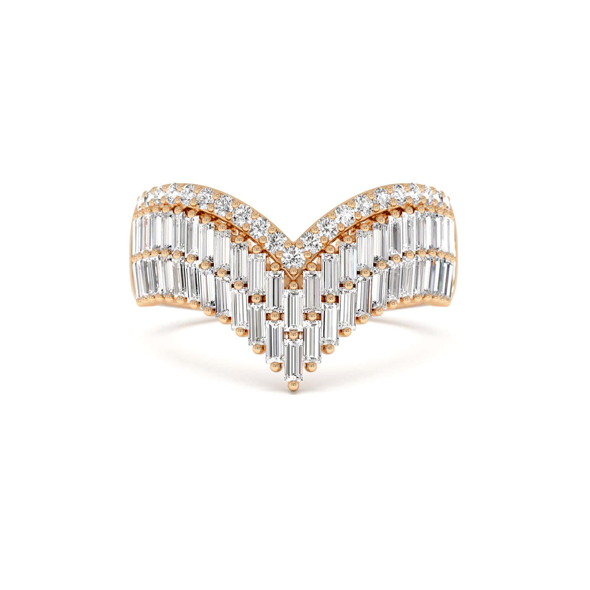 Baguette and Round Diamond Chevron Statement Ring in 14K Gold — view 5