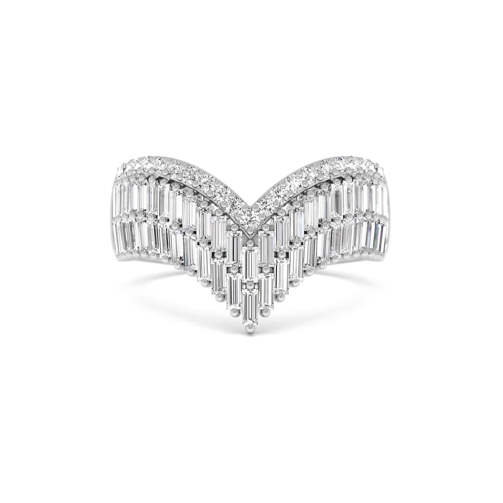Baguette and Round Diamond Chevron Statement Ring in 14K Gold — view 4