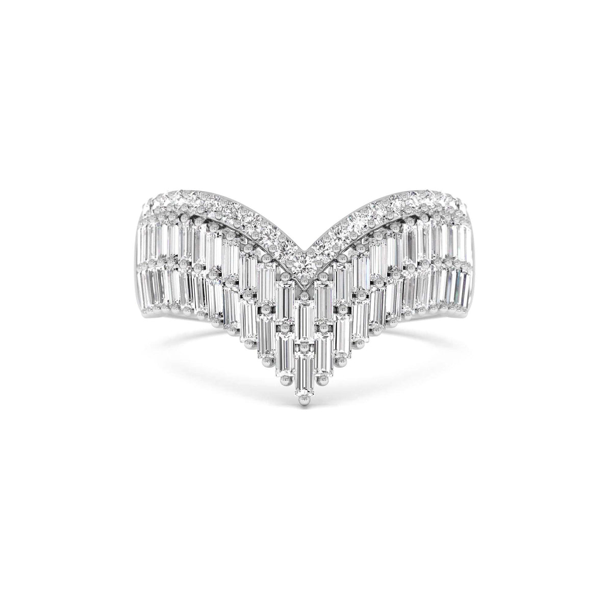 Baguette and Round Diamond Chevron Statement Ring in 14K Gold — view 4