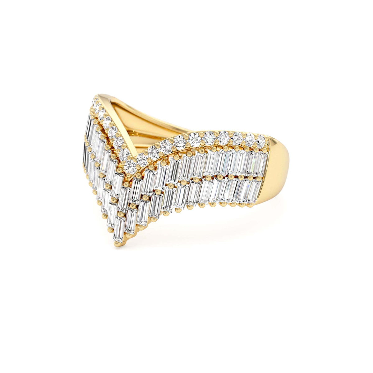 Baguette and Round Diamond Chevron Statement Ring in 14K Gold — view 2