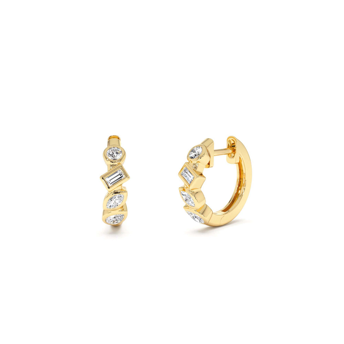 Diamond Hoop Earrings Gold Huggies with Mixed Cuts in 14K Gold — view 1