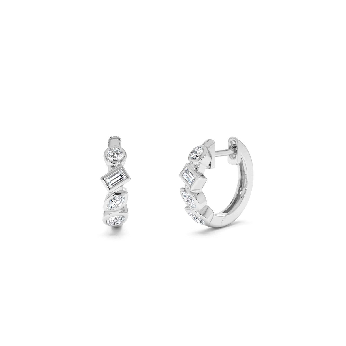 Diamond Hoop Earrings Gold Huggies with Mixed Cuts in 14K Gold — view 3