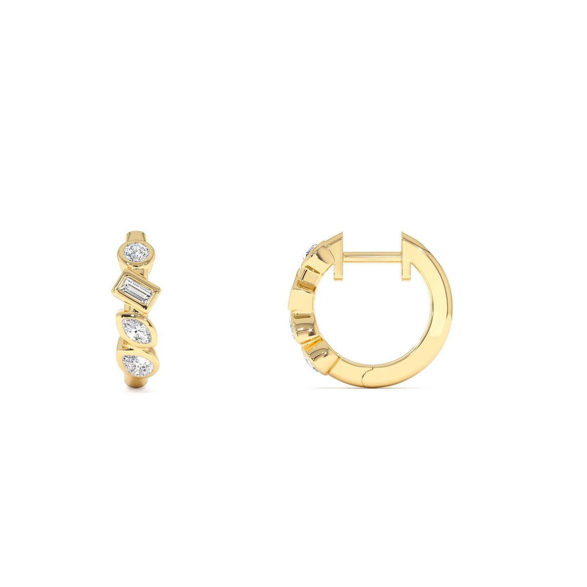Diamond Hoop Earrings Gold Huggies with Mixed Cuts in 14K Gold — view 2