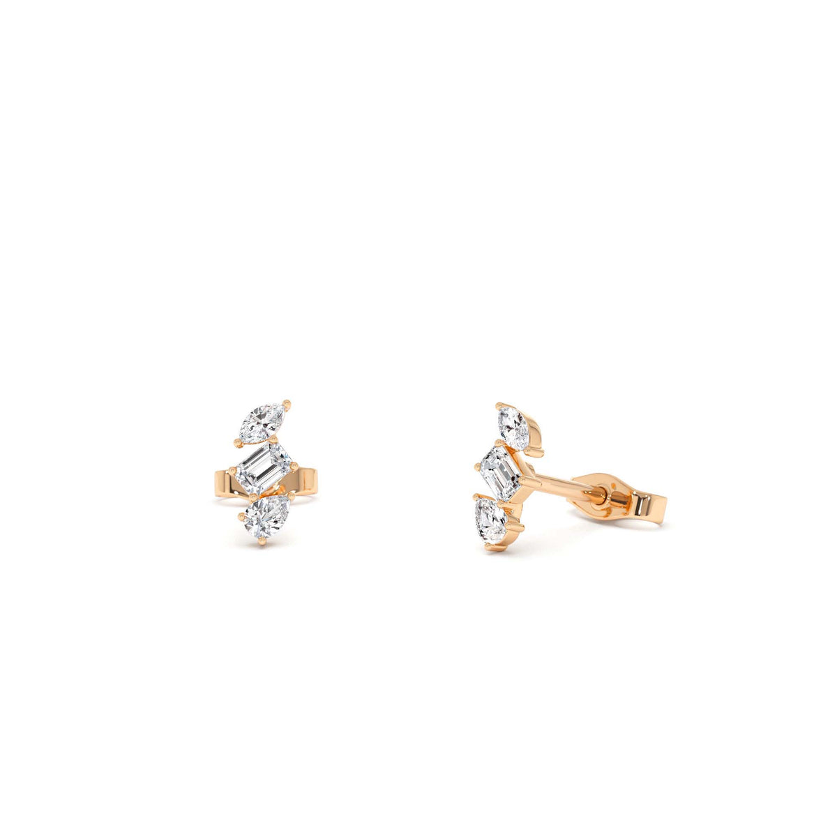 Emerald Cut Marquise and Pear Shaped Diamond Studs in 14K Gold — view 4