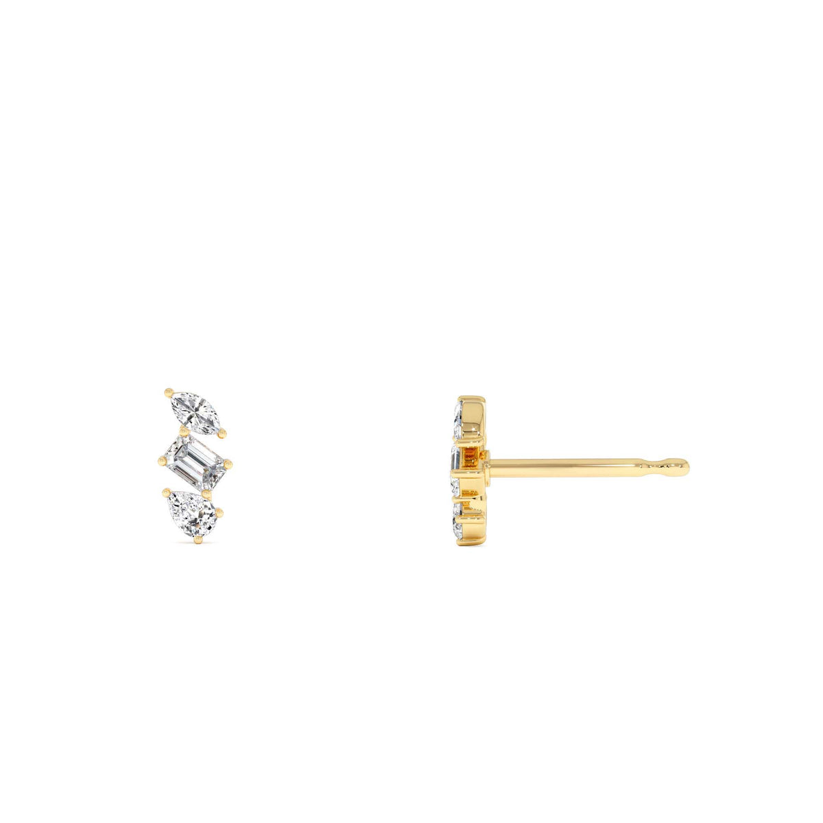 Emerald Cut Marquise and Pear Shaped Diamond Studs in 14K Gold — view 2