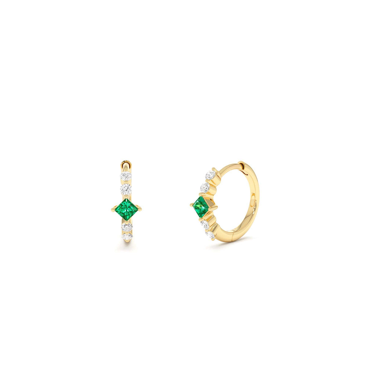 Princess Cut Emerald and Diamond Hoop Earrings in 14K Gold — view 1