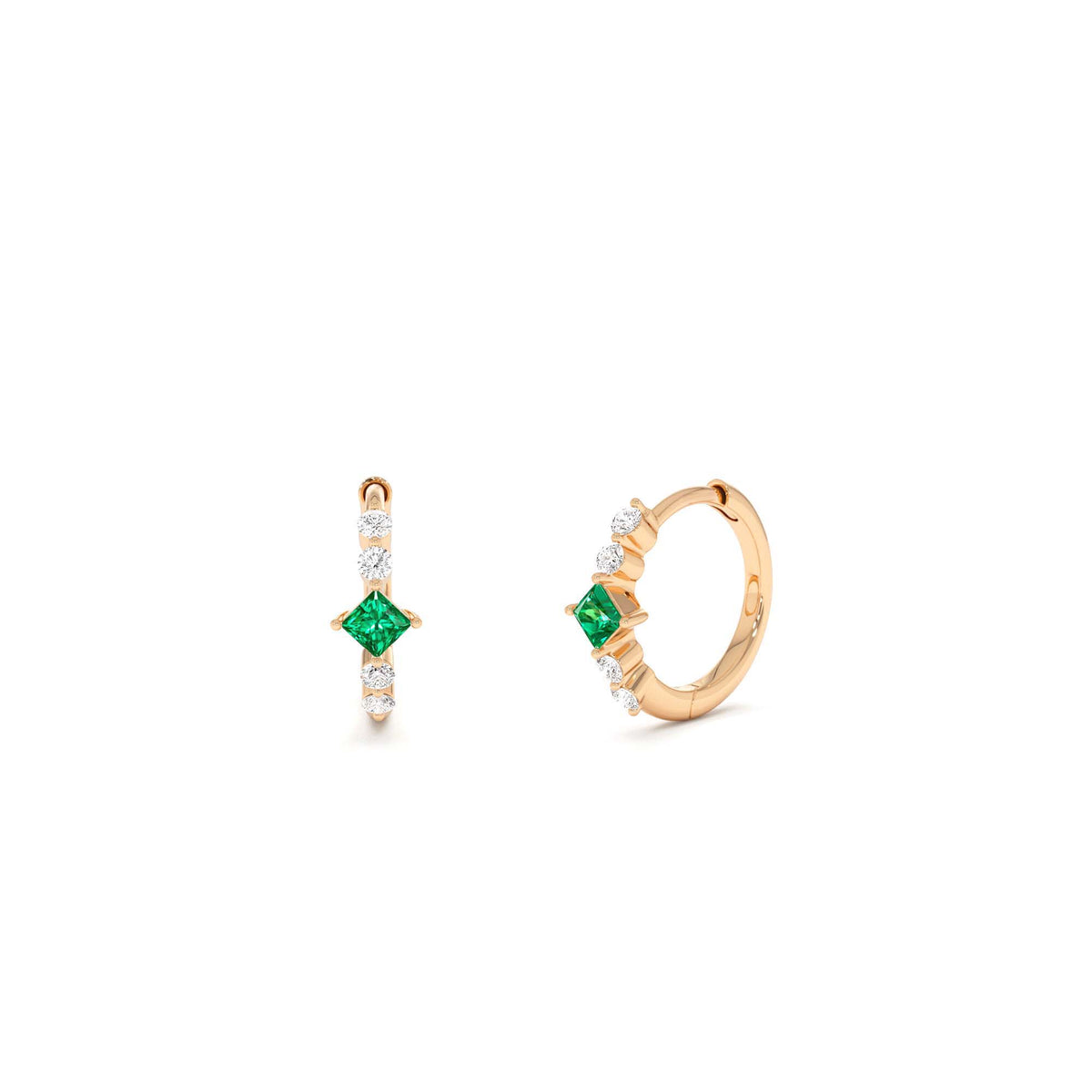 Princess Cut Emerald and Diamond Hoop Earrings in 14K Gold — view 4
