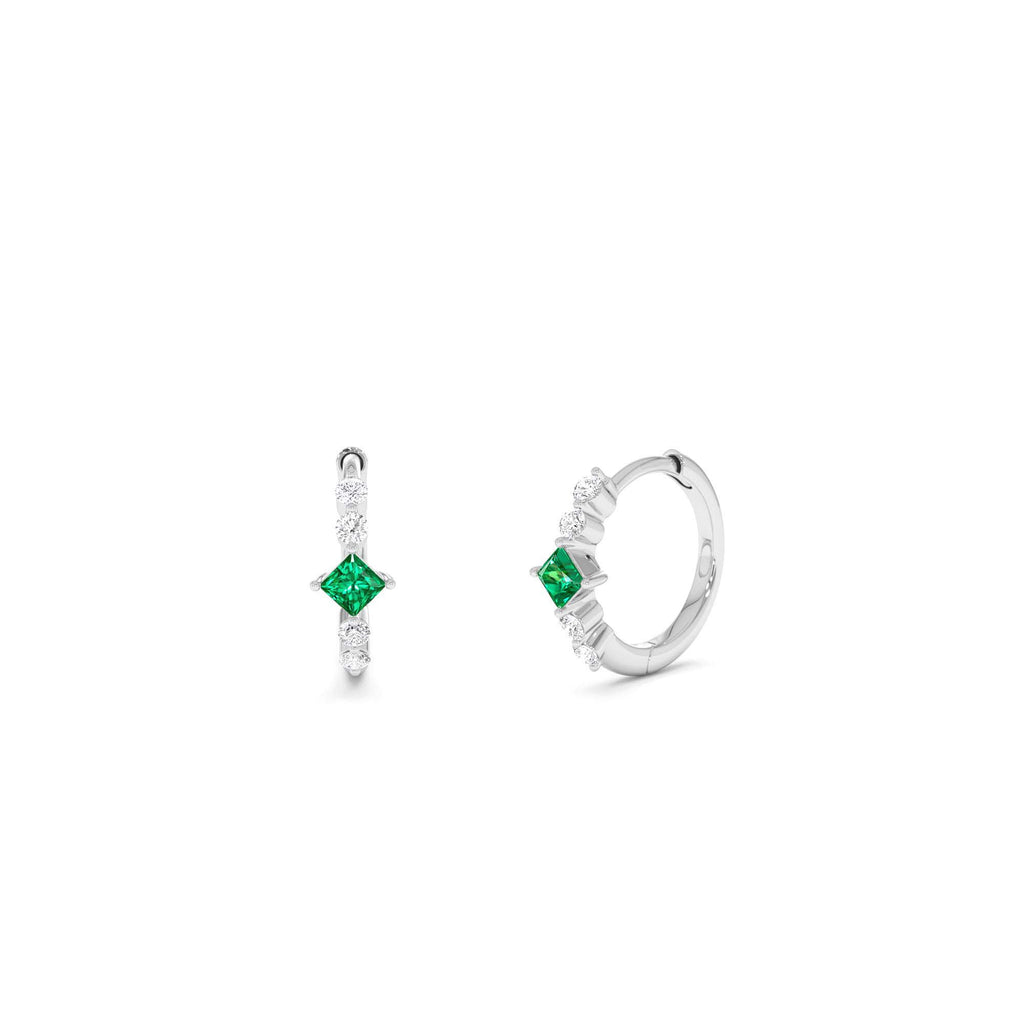 Princess Cut Emerald and Diamond Hoop Earrings in 14K Gold — view 3